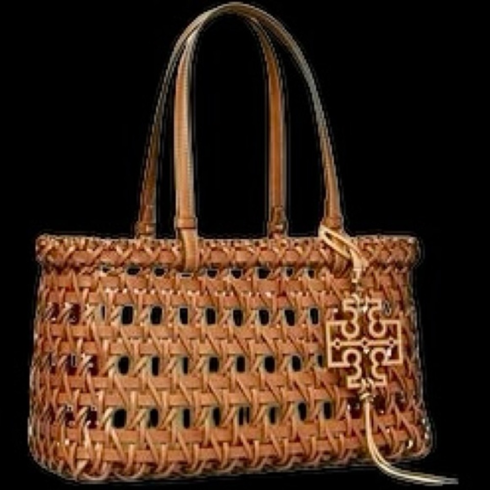 ISO Tory Burch McGraw Basketweave Tote with Logo Charm.